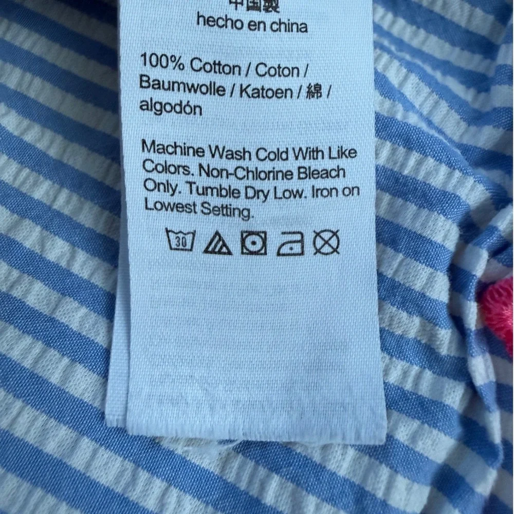 Crewcuts Girls Blue White Striped Seersucker Drop Waist Dress Pink Scallop 6